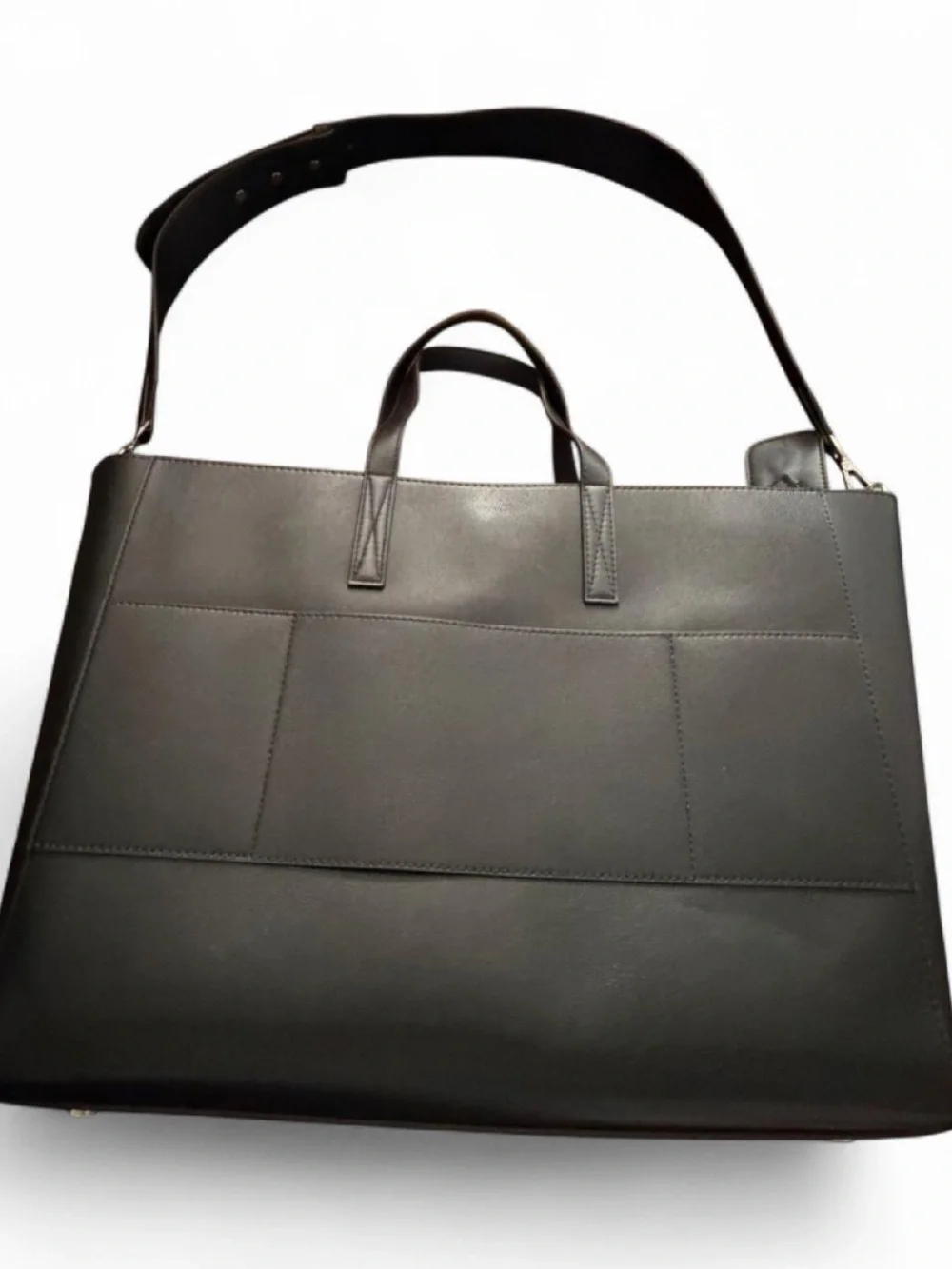 Calpak Black Leather Laptop Tote with Wide Shoulder Strap